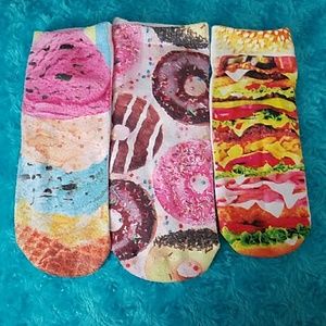 Three pairs of graphic food socks